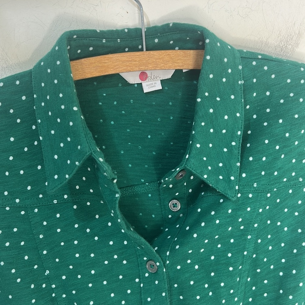 BODEN Tara Jersey Button Down Collared Shirt Green Polka Dot Size 2 Petite - Picture 3 of 12